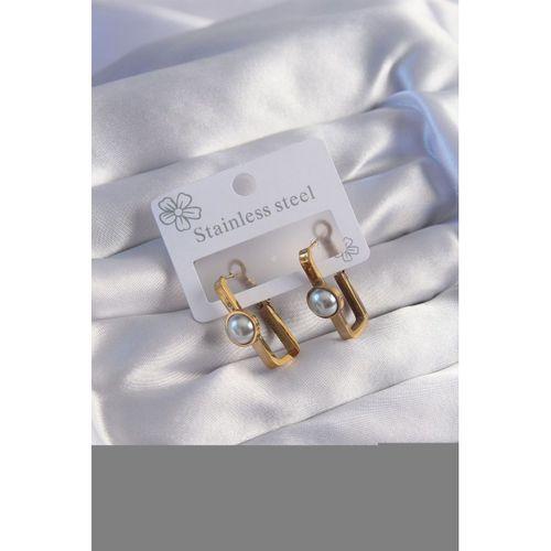 316L Çelik Gold Renk İnci Taşlı Dikdörtgen Model Küpe - TJ-BKP9060