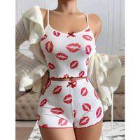 Kadın Beyaz Dudak Desenli Seksi Gecelik Takım 6642