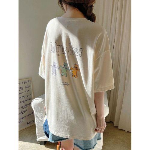 Harmandar Unique Bear Baskılı Unisex Bej Oversize T-Shirt