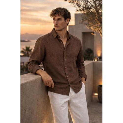 Nefes Alabilir Yarım Oversize Müslin Kumaş Uzun Kol Yakalı Erkek Gömlek - Kahve