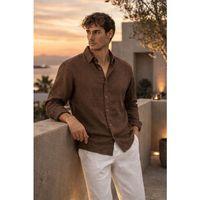 Nefes Alabilir Yarım Oversize Müslin Kumaş Uzun Kol Yakalı Erkek Gömlek - Kahve