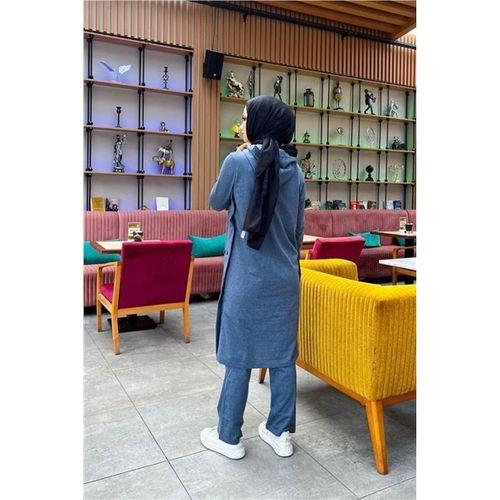 Kapşonlu Yandat Çıtçıtlı Sade Basic Uzun Tunik ve Pantolon İkili Spor Takım - 03071.006 - İndigo