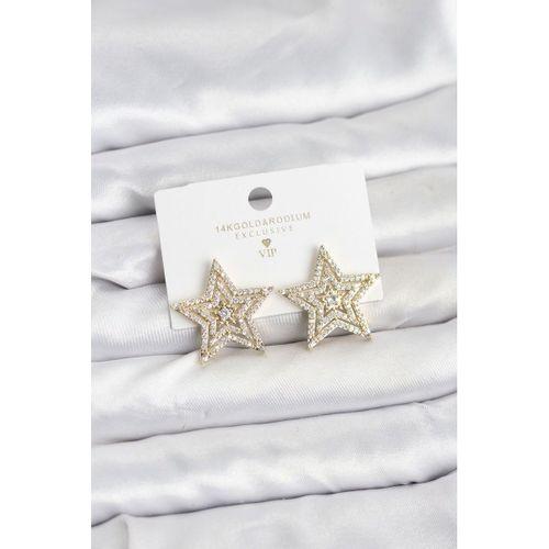 Gold Renk Pirinç Zirkon Taşlı Yıldız Model Kadın Küpe