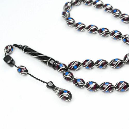 Oltu Taşı ve Kırmızı Galalith Çift Çeşmi İşlemeli Tespih