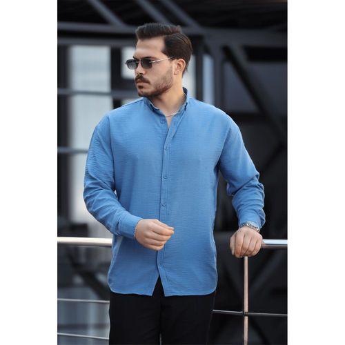 Pera Kumaş Keten Görünümlü Yarım Oversize Uzun kollu Erkek Gömlek - Mavi