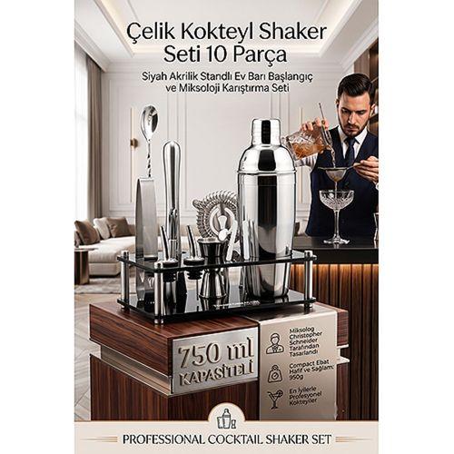 750 ml Kokteyl Shaker Seti 10 Parça Siyah Akrilik Standlı Profesyonel Paslanmaz Çelik ev Barı Başlangıç ve Miksoloji Karıştırma Seti 723387