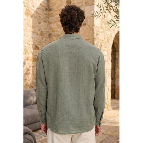 Pera Kumaş Keten Görünümlü Yarım Oversize Uzun kollu Erkek Gömlek - Çam Yeşili