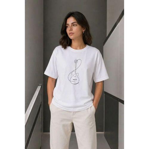 Minimal Gitar Baskılı Tişört T-Shirt Yazlık Kısa Kol Bisiklet Yaka T-Shirt  - Beyaz
