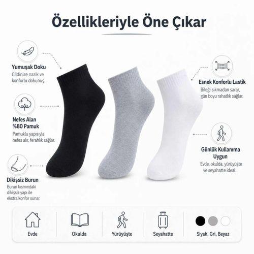 Erkek Kısa Konç Çorap 6'lı | %80 Pamuklu Dikişsiz Burun, Nefes Alan, Siyah Gri Beyaz