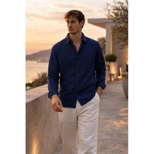 Pera Kumaş Keten Görünümlü Yarım Oversize Uzun kollu Erkek Gömlek - Lacivert