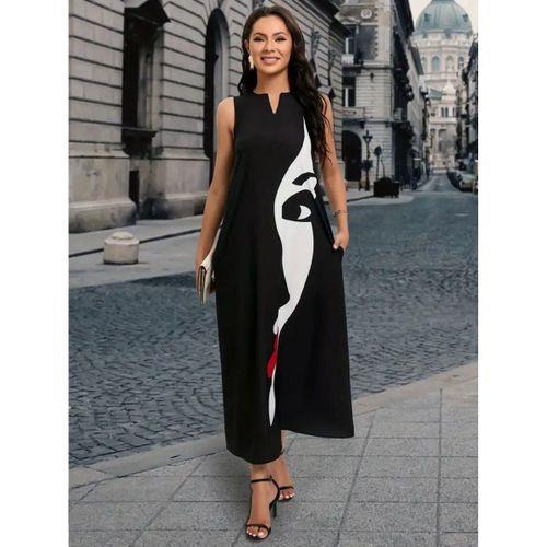Kadın Sıfır Kol V Yakalı Kadın Yüz Desenli Süprem Elbise