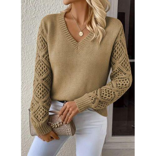 Kadın Uzun Kollu V Yaka Kol Delikli Baklava Desen Detaylı Triko Kazak