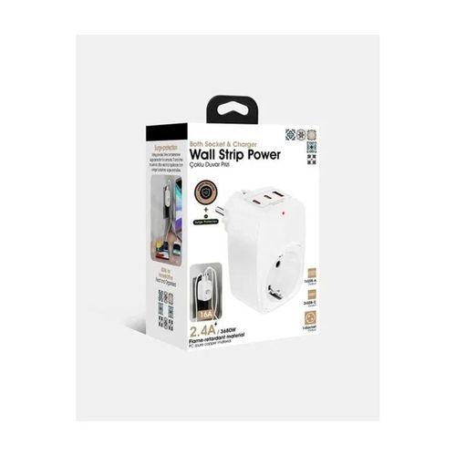 Tekli Yüksek Voltaj Korumalı Duvar Prizi 2x Type-c 1x Usb Çıkışlı Priz Grup Priz Çoğaltıcı Beyaz
