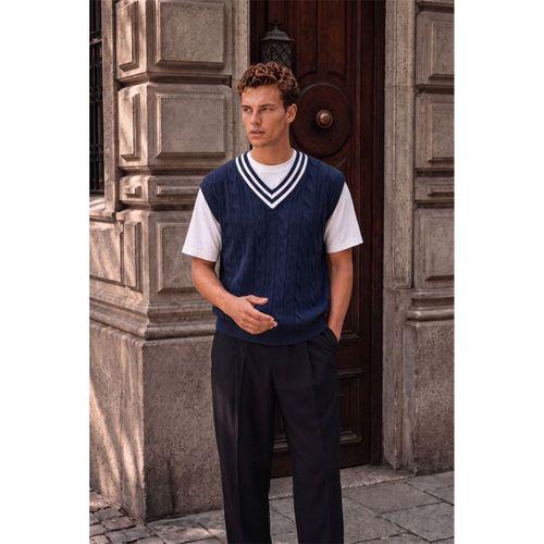 Oxford Relaxed Fit Şerit Yakalı Saç Örgülü V Yaka Erkek Triko Süveter - İndigo