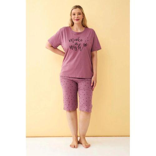 Kadın Mürdüm “make A Wish” Yazılı Büyük Beden Kapri Pijama Takımı