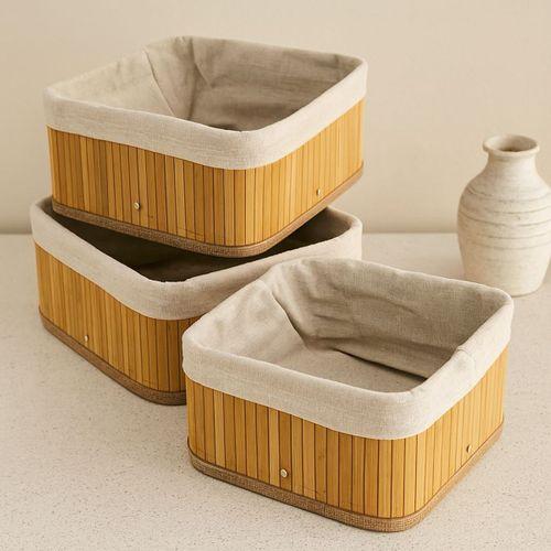 3'lü Kare Organizer Sepet Seti - Bambu Kenarlı Ahşap Taban Bez Astarlı (17x17 / 21x21 / 26x26 cm)