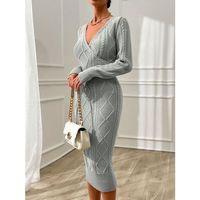 Kadın Uzun Kollu Kruvaze Yaka Triko Midi Boy Elbise