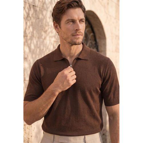 Linus Fermuarlı Polo Yaka Kısa Kollu İnce Triko Erkek T-Shirt - Kahve