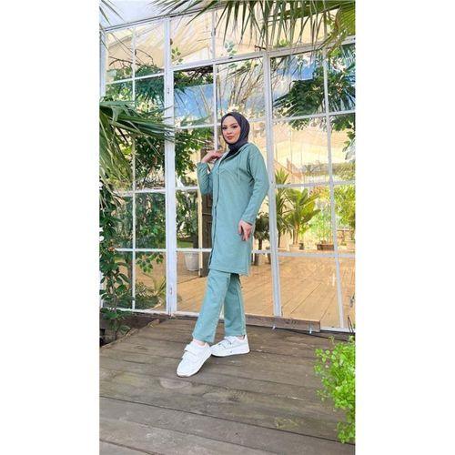 Çıtçıtlı Kapşonlu Uzun Tunik Pantolon İkili Tesettür Eşofman Takımı - 03078.100 - Çağla Yeşili