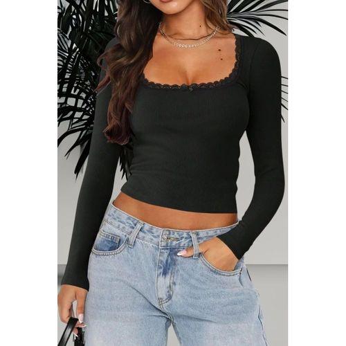 Kadın Siyah Dantel Detaylı Kare Yaka Uzun Kollu Crop Top Bluz Dar Kesim
