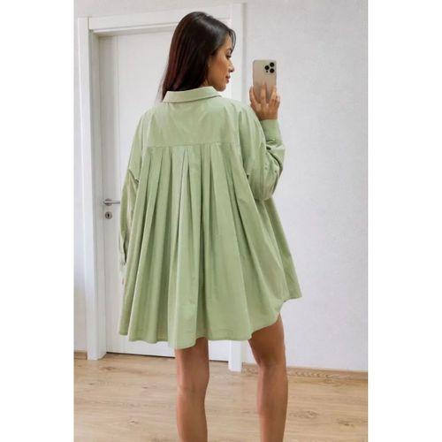 Oversize Pens Detaylı Cepli Yırtmaçlı Rahat Kalıp Poplin Gömlek - Yeşil
