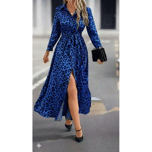 Kadın Uzun Kollu Yakalı Belden Kuşaklı Leopar Desenli Modal Uzun Elbise