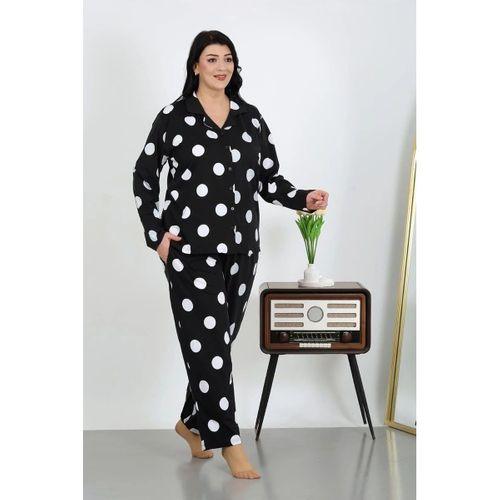 Kadın Büyük Beden Pamuklu Cepli Düğmeli Siyah Pijama Takım