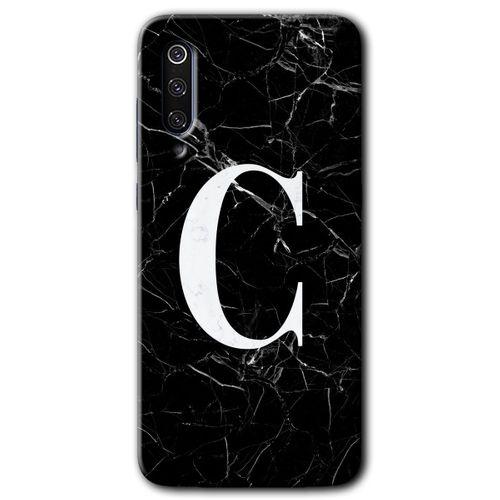 Xiaomi Mi 9 Kılıf HD Desen Baskılı Arka Kapak+Temperli Cam - Siyah Mermer Desenli C Harfi