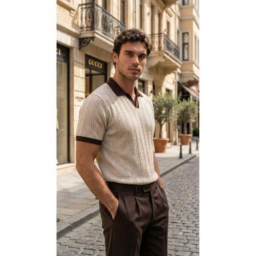 Erkek Örgü Desen Yakalı Kısa Kollu Triko Tişört - %100 Pamuk Akrilik