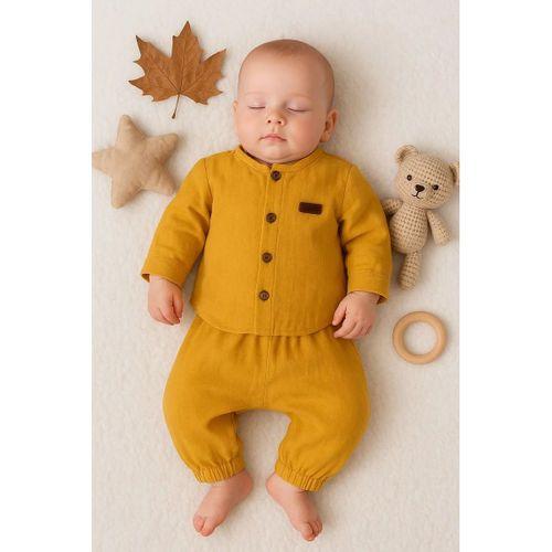 Oval Kesim 5 Düğmeli Müslin Kumaş 2'li Erkek Bebek Takımı