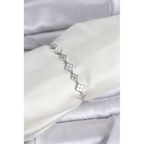 Gümüş Renk Zirkon Taşlı Sıralı Yonca Model Asansörlü Kadın Bileklik