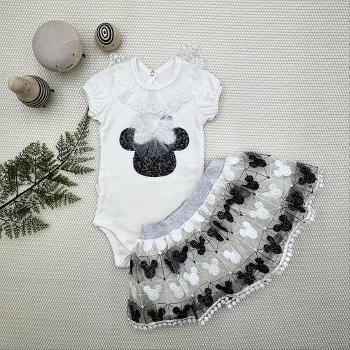 1-2-3 Yaş Payetli Mickey Nakışlı Kısa Kollu Brode Etekli 2li Kız Bebek Takımı Siyah