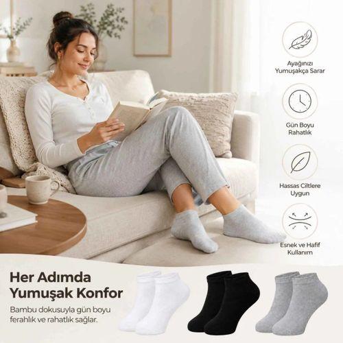Kadın Bambu Patik Çorap 12'li | Nefes Alan Nem Emici Yumuşak, Siyah Beyaz Gri