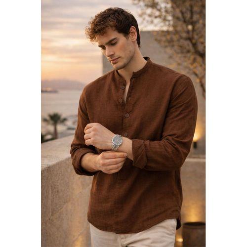 Hafif ve Nefes Alabilir Erkek Müslin Yarım Pat Hakim Yaka Oversize Gömlek - Kahve