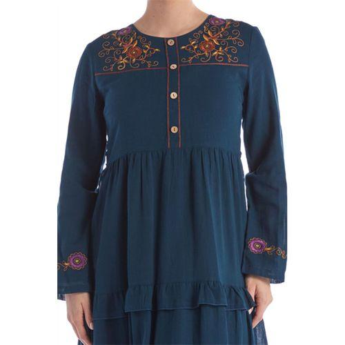 Uzun Kol Bisiklet Yaka Nakışlı Vual Petrol İlkbahar & Yazlık Elbise