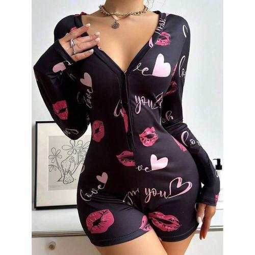 Pamuklu Kırmızı Kalp Desenli Düğmeli Uzun Kol Tulum Pijama