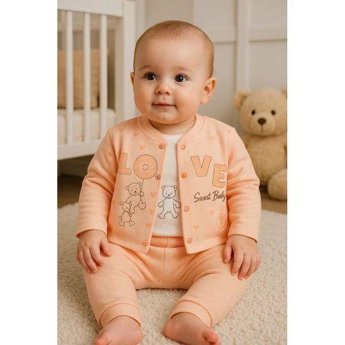 Love Tavşan Desenli Kol Detaylı 3'lü Hırkalı Kız Bebek Takım