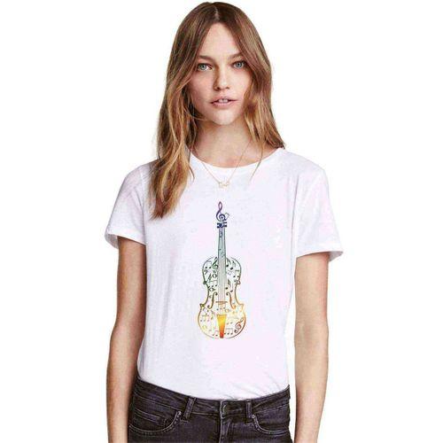 Silhouette Colorful Violin with Notes Kadın Beyaz Tshirt