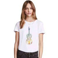 Silhouette Colorful Violin with Notes Kadın Beyaz Tshirt