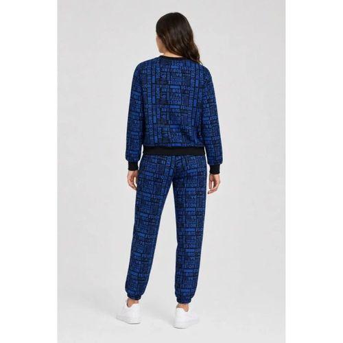Siyah Mavi Yazı Desenli İki İplik Şardonlu Eşofman Takımı
