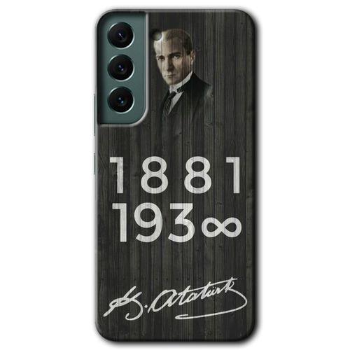 Samsung Galaxy S22 Kılıf HD Desen Baskılı Arka Kapak + Temperli Cam - Atatürk Ahşap İmza