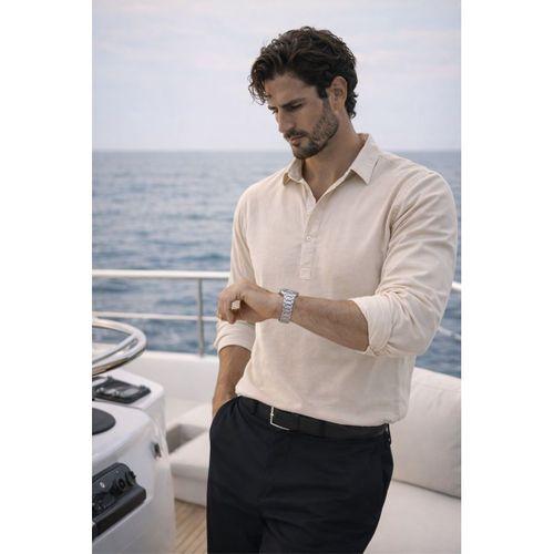 Yarım Pat Yakalı York Pamuk Kumaşlı Uzun Kollu Erkek Gömlek - Bej