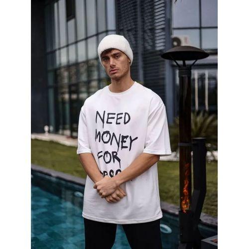 Unisex Bisiklet Yaka Baskılı Oversize T-Shirt - Beyaz