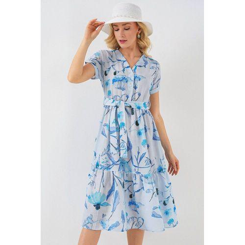 Desenli Kısa Kol Elbise 2558 - Mavi