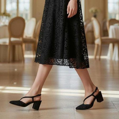 Fiyra 7013 Siyah Simli Kalın Kare Topuk Abiye Stiletto Ayakkabı