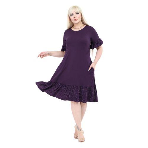 Melsay Butik Kolları Taş Baskılı Fırfırlı Kısa Kollu Mor Kadın Midi Elbise