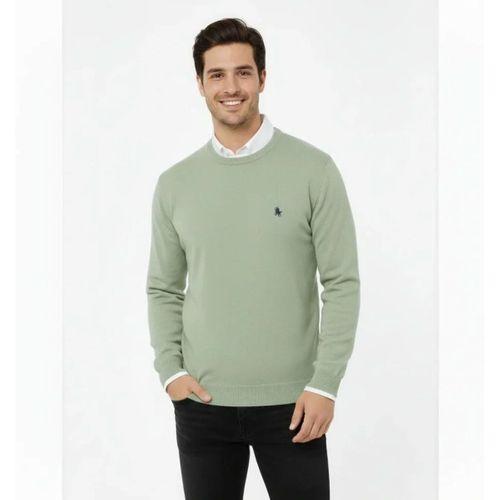 Erkek Bisiklet Yaka Nakış Işlemeli Triko Kazak Yumuşak Dokulu Pamuklu Ince Dokuma, Uzun Kollu Rahat Regular Kalıp - Mint Yeşili