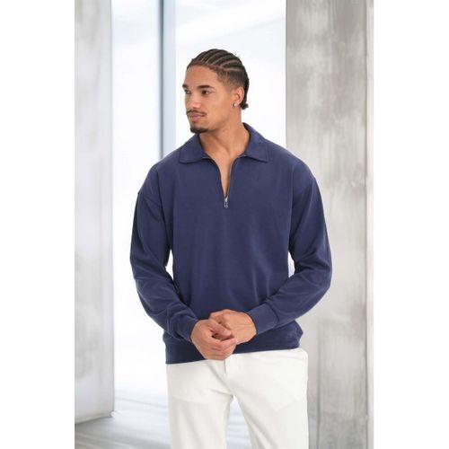 Scuba Modal Kumaş Relaxed Fit Yarım Fermuarlı Polo Yaka Erkek Sweatshirt - Lacivert