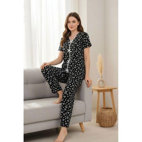 Kadın Siyah Kalp Desenli Fiyonk Detaylı Kısa Kollu Uzun Pijama Takımı Premium Ev Giyim
