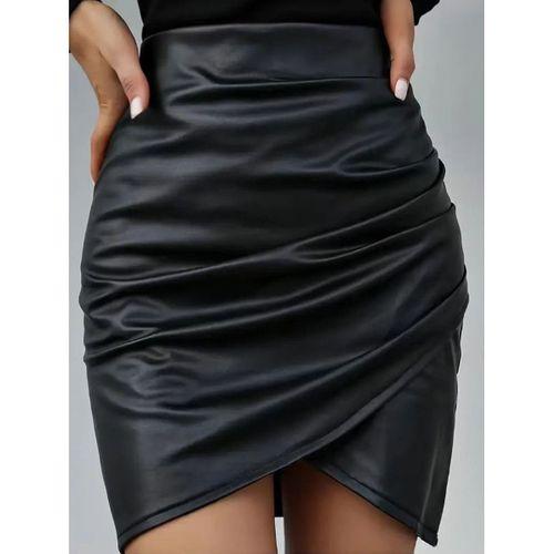 Kadın Yüksek Bel Yandan Fermuarlı Pileli Mini Deri Etek